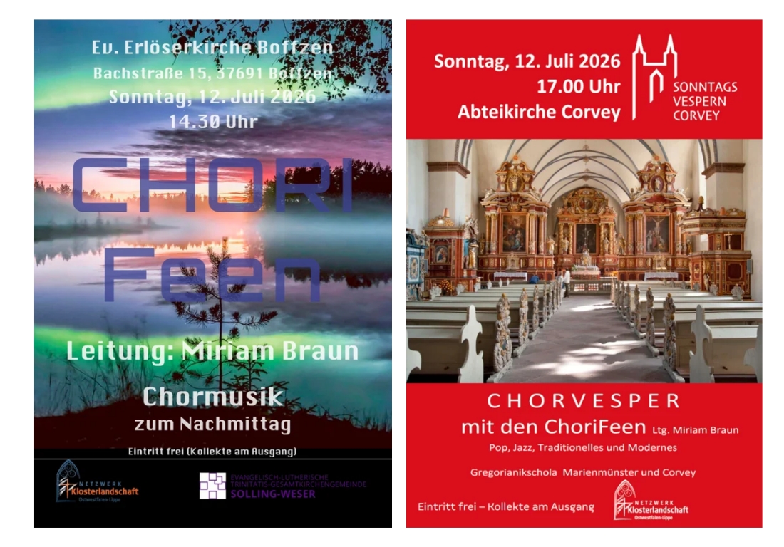 Zu sehen sind zwei Plakate zu einem Konzert in Boffzen und einem in Corvey