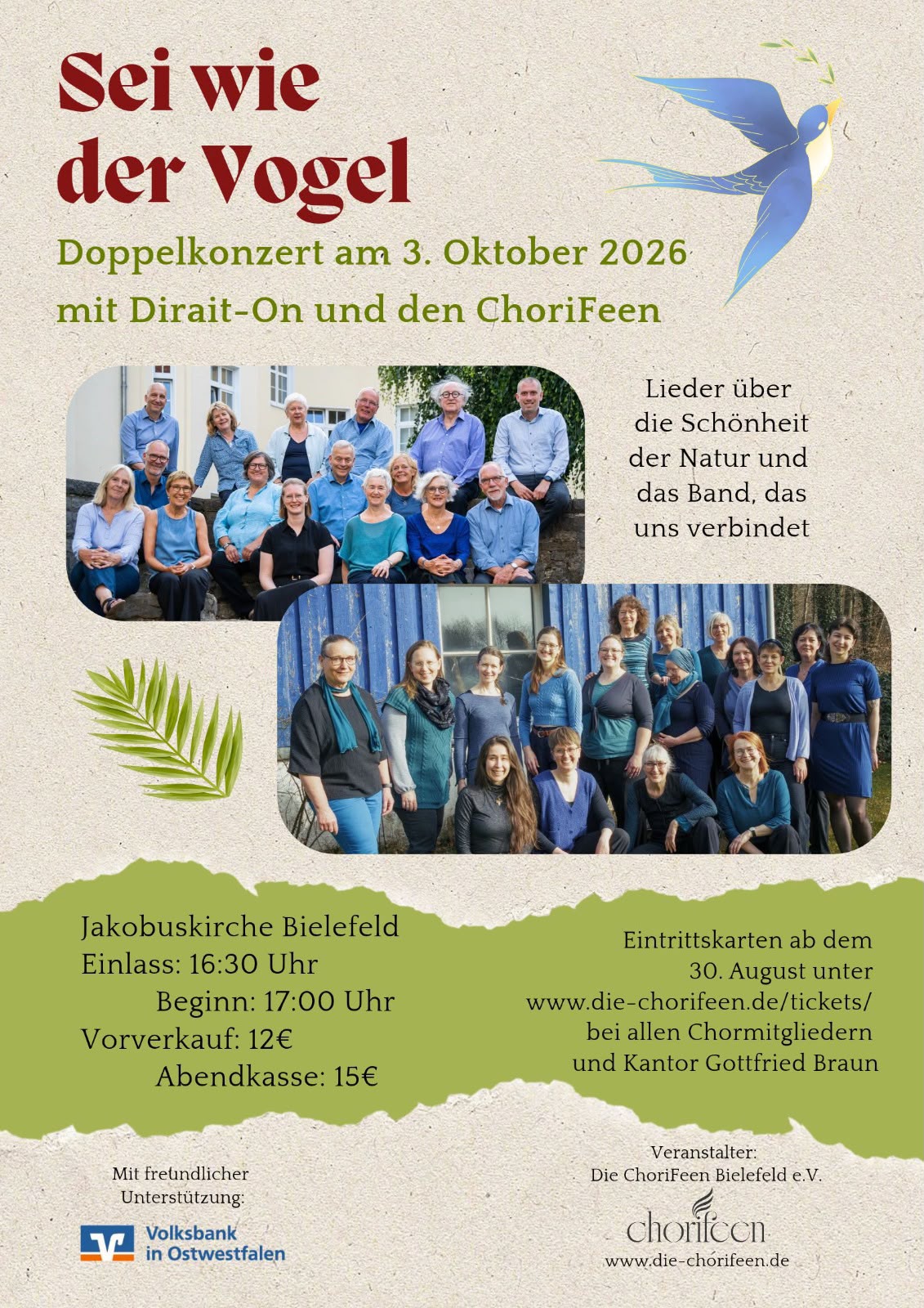 Konzertplakat Doppelkonzert Dirait-On & ChoriFeen am 3. Oktober 2026 in Bielefeld 